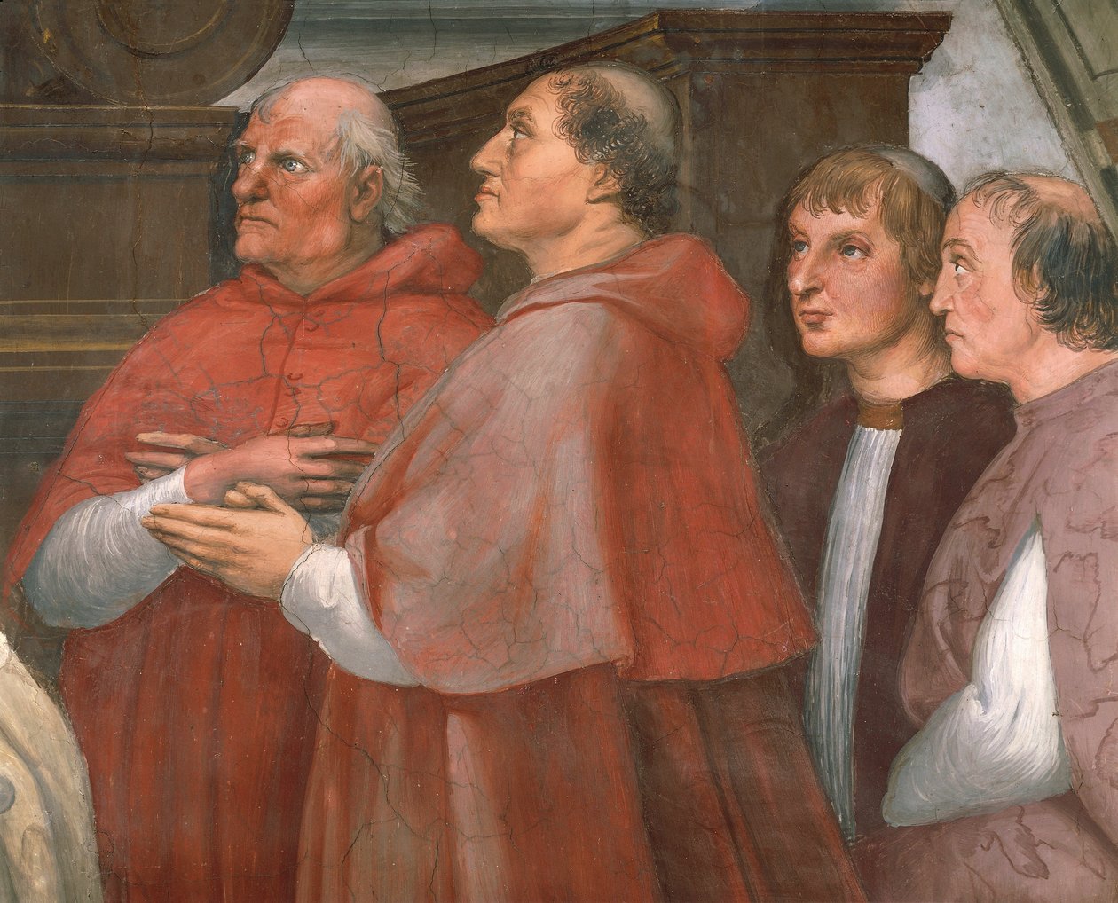 Kardynał Raffaele Riario z przechodniami, fragment Mszy w Bolsena autorstwa Raphael (1483 1520)