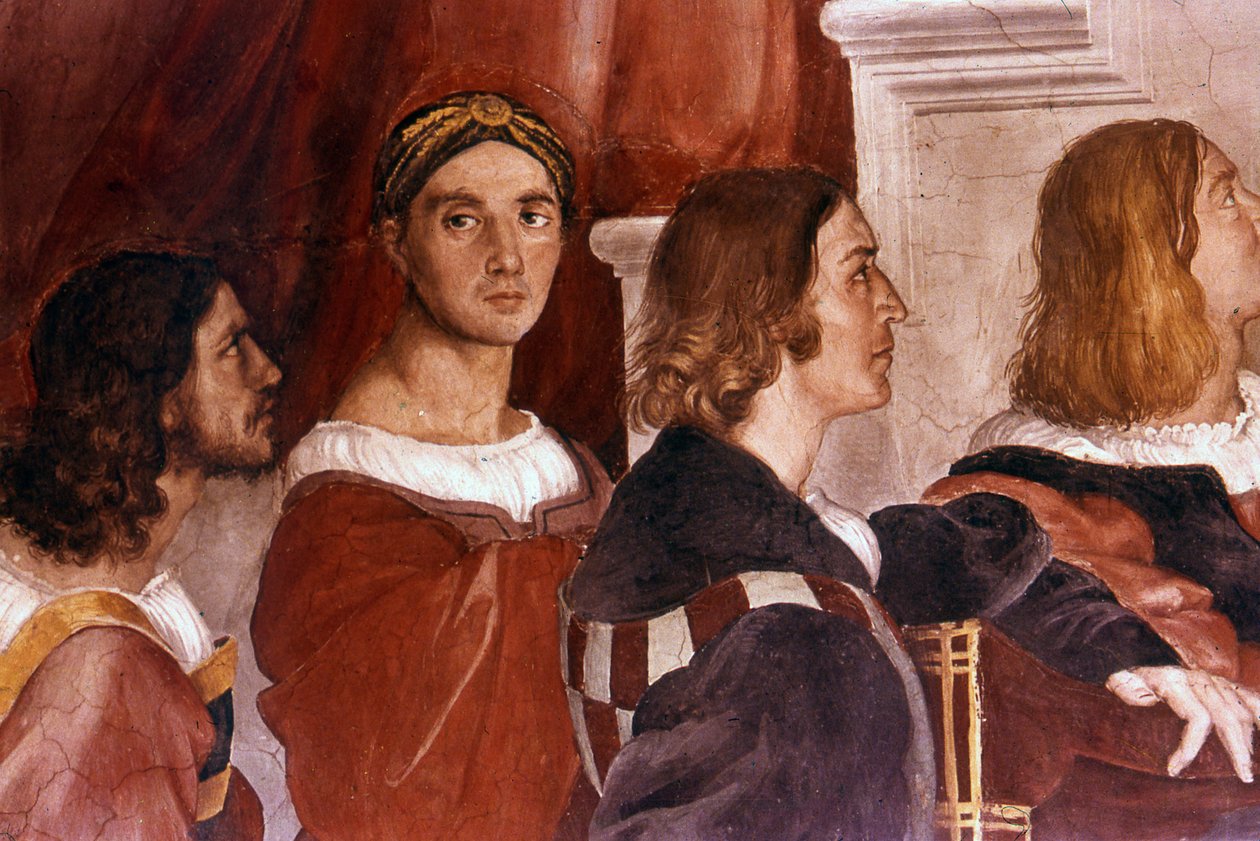 Detal przedstawiający Rafaela (od środka) z Mszy w Bolsenie. 1514. Fresk Rafaela (14831520): Raffaello Sanzio. autorstwa Raphael (1483 1520)