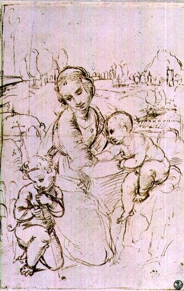 Studium Madonny z Dzieciątkiem z Dzieciątkiem Św. Jan Chrzciciel (pióro i atrament) autorstwa Raphael