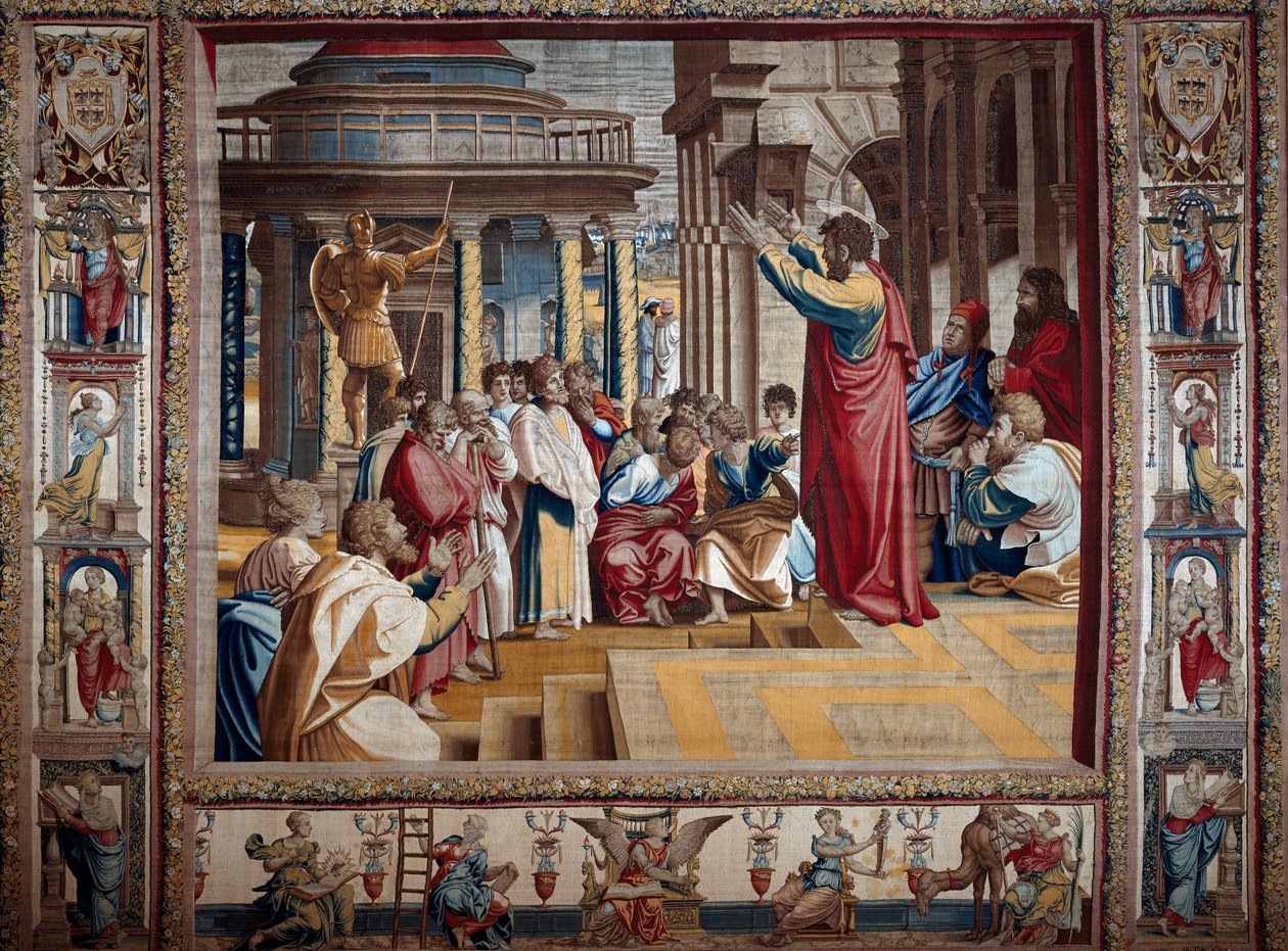 Apostoł św. Paweł wygłasza kazanie na aeropage Ateńskiego Gobelinu po namalowaniu na tekturze Raffaello Sanzio dit Raphaela (1483-1520), początek XVI w. Niedz. 4,95x6,45 m Mantua, pałac książęcy (Mantua) autorstwa after Raphael