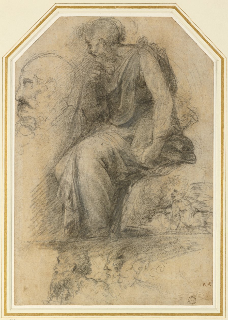 Męski święty, siedzący (św. Paweł): Study for the Disputa, WA1846.189 (węgiel z białym podwyższeniem) autorstwa Raphael