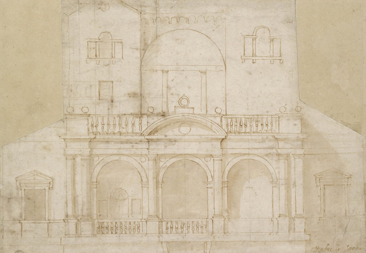 Projekt architektoniczny (Villa Madama) (pióro i brązowy tusz z brązowym rozmyciem na papierze w kolorze złamanej bieli) autorstwa Raphael