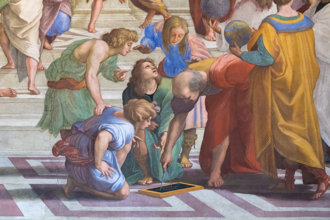 Euclides e Arquimedes: detalhe da Escola de Atenas na Stanza della Segnatura polonesa autorstwa Raphael (1483 1520)