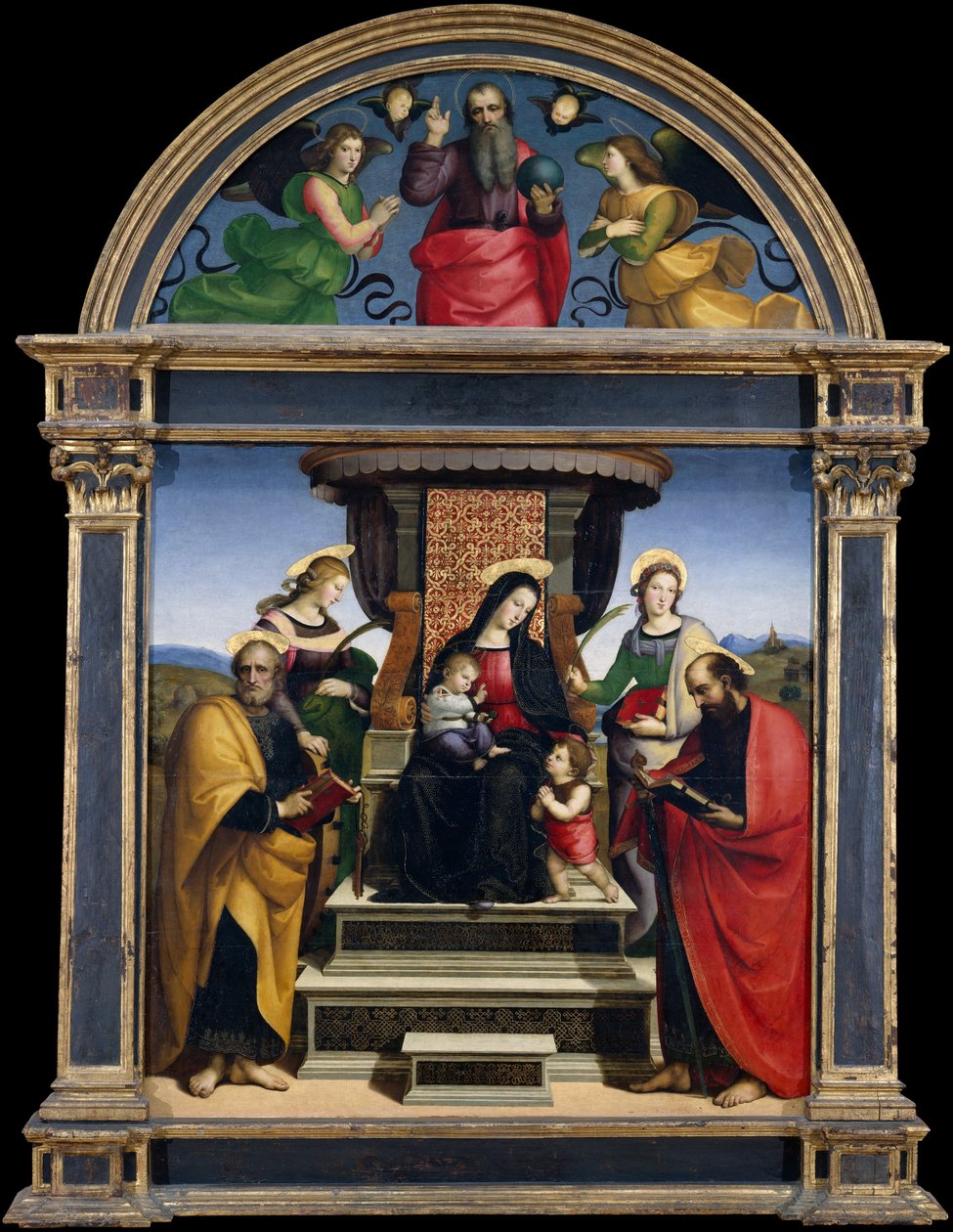 Madonna z Dzieciątkiem na tronie ze świętymi, ok.1504 (olej i złoto na drewnie) autorstwa Raphael