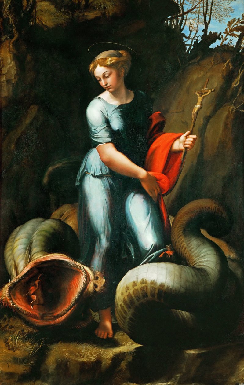 Margaret z Antiochii Pizydyjskiej (lub Saint Marine, Marina) (zm. ok. 305) - Saint Margaret - Raphael (Raffaello Sanzio da Urbino) (1483-1520). Olej na drewnie, ok. 1518. Rozmiar: 191,3x123 cm. Muzeum Historii Sztuki, Wiedeń autorstwa Raphael