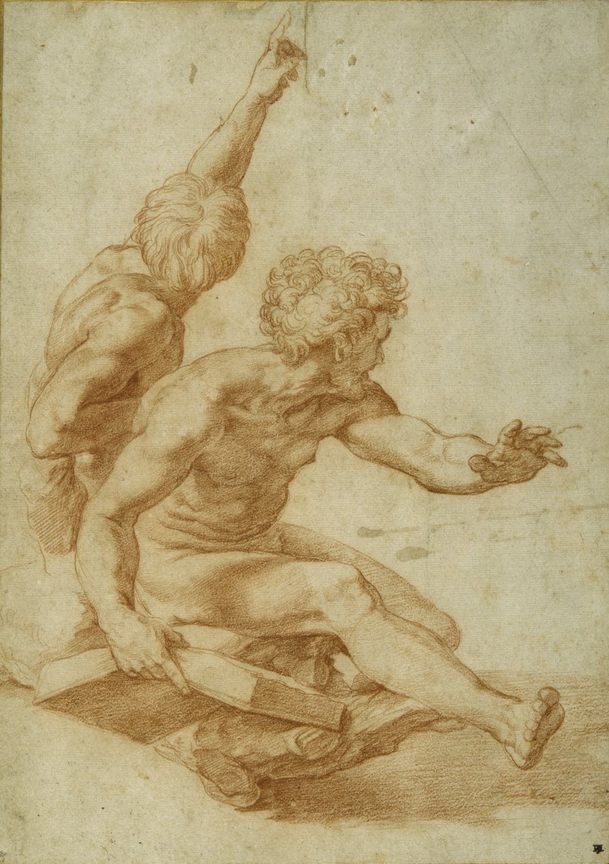 Studia aktu dla św. Andrzeja i innego apostoła w „Przemienieniu”, ok. 1517 (czerwona kreda nad wcięciem rylca na kremowym papierze) autorstwa Raphael