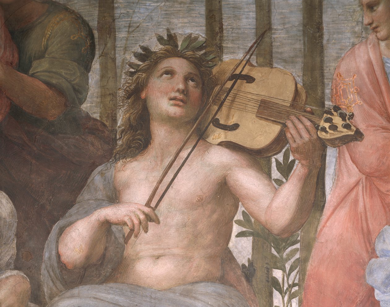 Parnas, fragment Apolla grającego na altówce da braccia, ze Stanza della Segnatura autorstwa Raphael