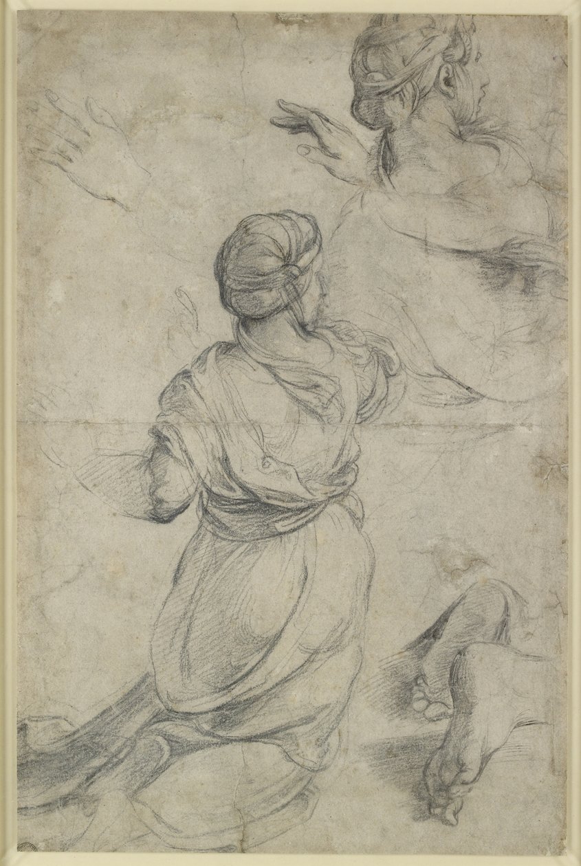 Recto: Studia dla dwóch klęczących kobiet, WA1846.198 (czarna kreda) autorstwa Raphael