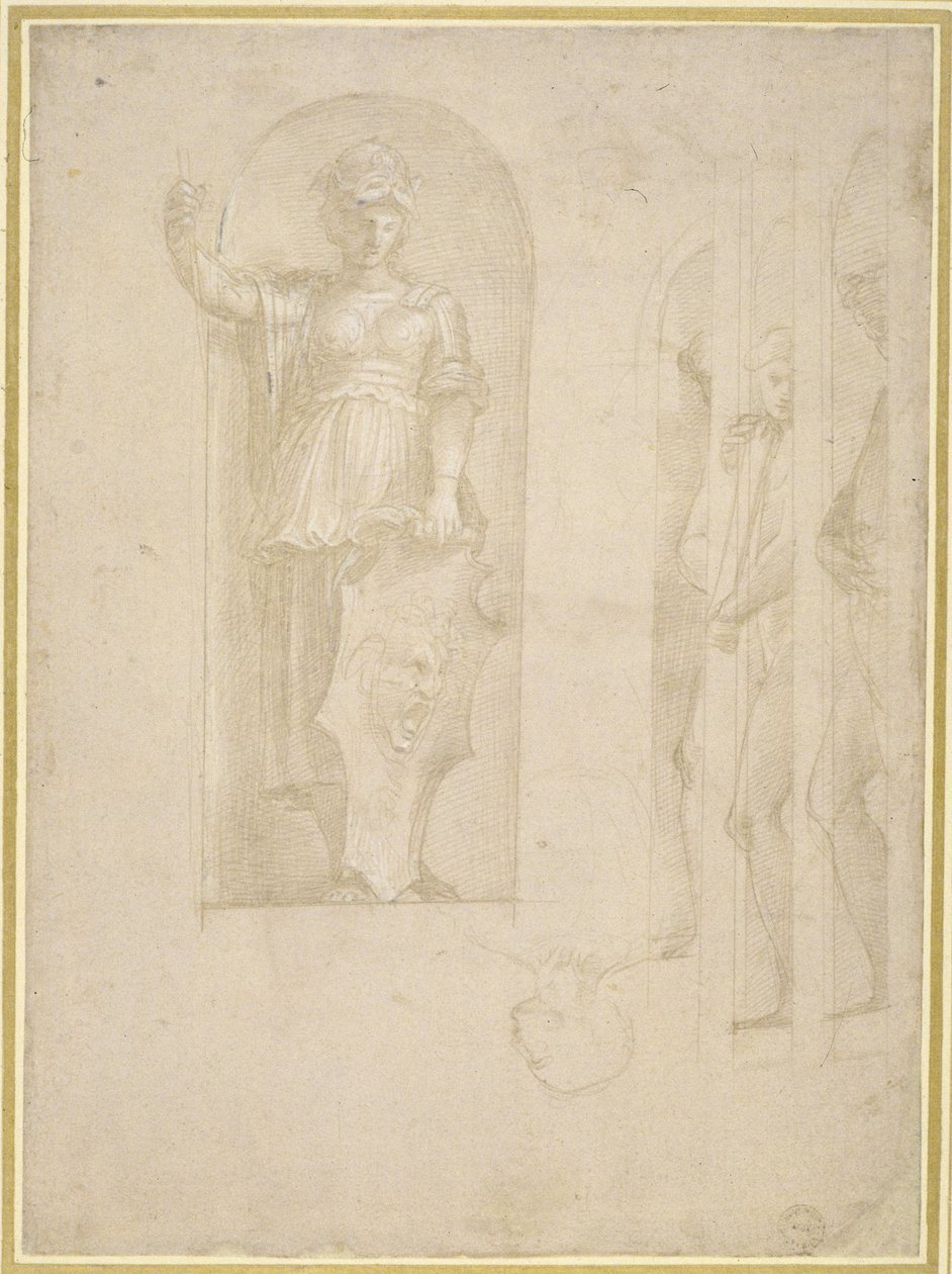 Studia do Figury Minerwy i innych Posągów (silverpoint z białym podwyższeniem na papierze) autorstwa Raphael