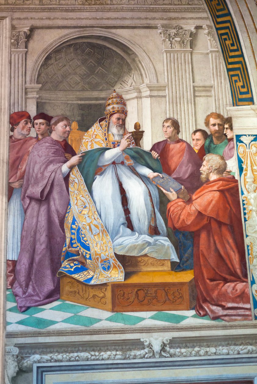 Dostarczenie dekretali papieżowi Grzegorzowi IX, ok. 1501-1520 (fresk) autorstwa Raphael (1483 1520)