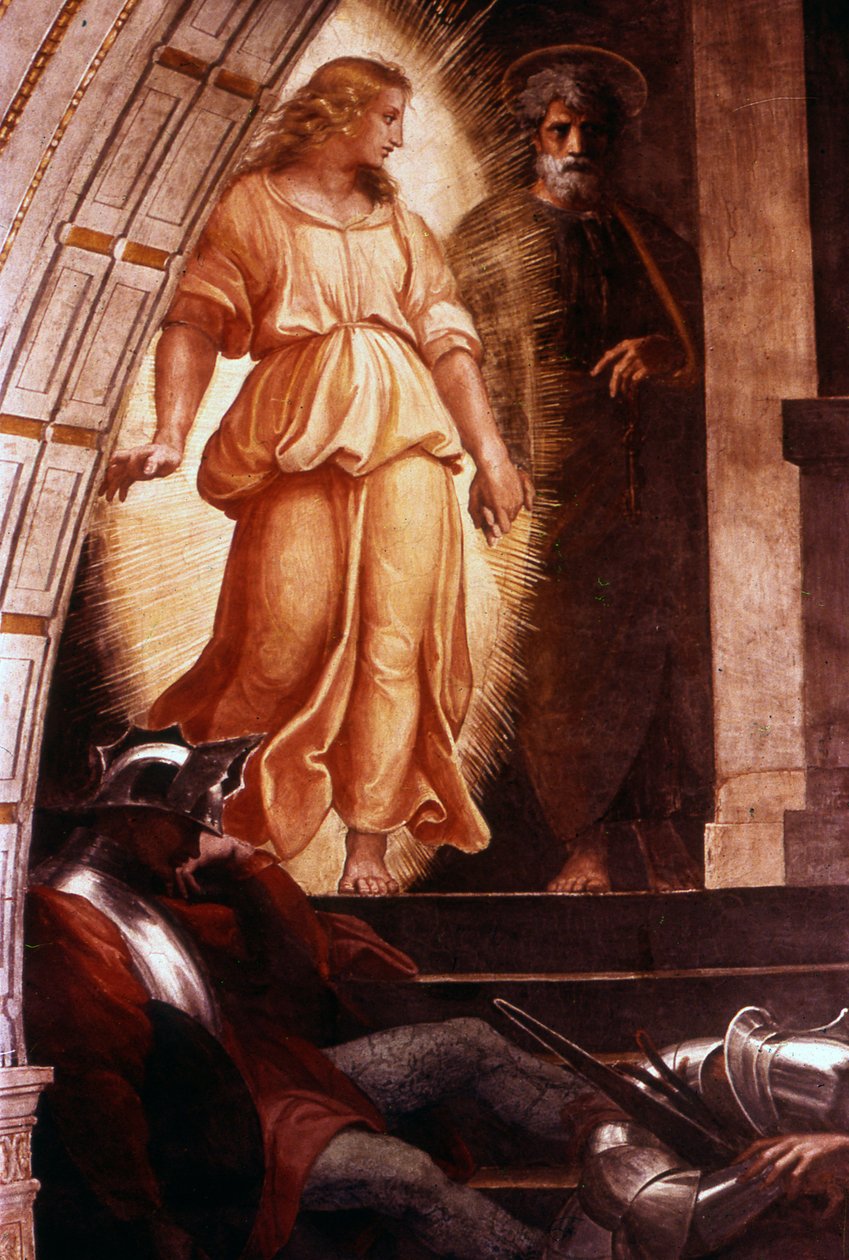 Wyzwolenie Świętego Piotra (fragment) z fresku autorstwa włoskiego artysty renesansowego Rafaela autorstwa Raphael (1483 1520)