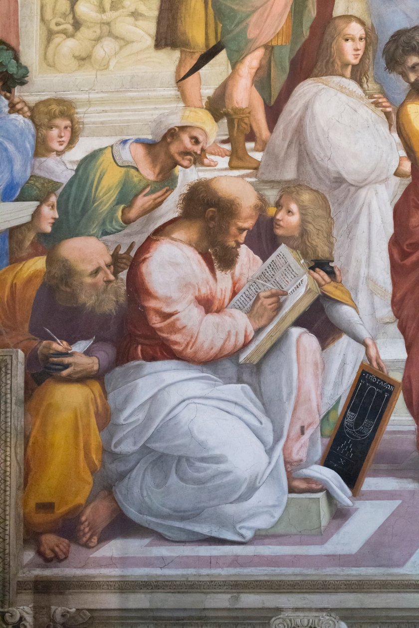Szkoła ateńska, fragment Pitagorasa i jego uczniów, Stanza della Segnatura autorstwa Raphael (1483 1520)