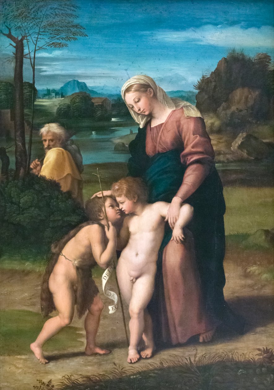 Święta Rodzina spotyka małego św. Jana Chrzciciela, znanego jako Madonna del Passeggio autorstwa Raphael (1483 1520)
