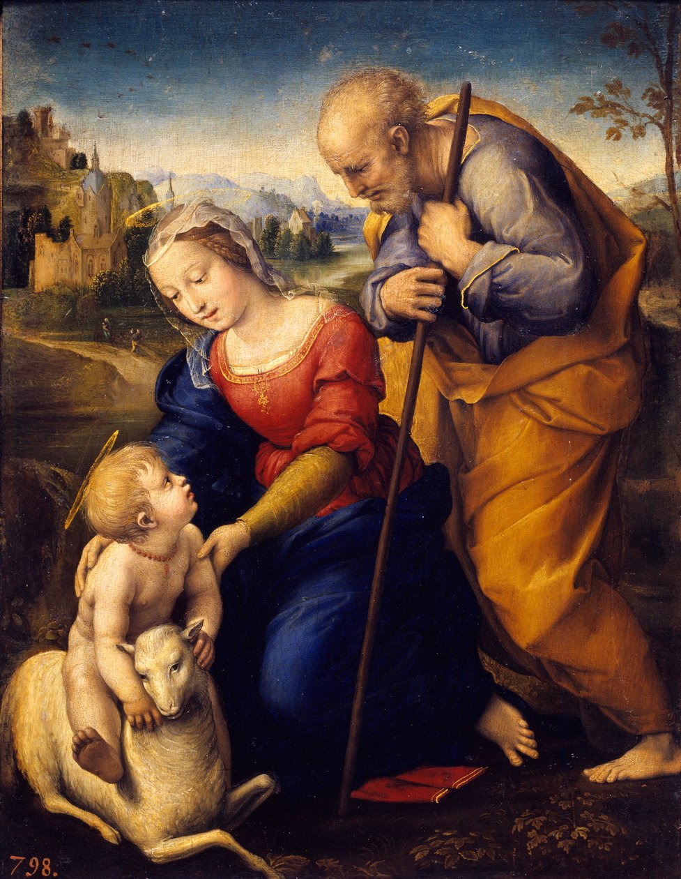 Święta rodzina ma baranka. Obraz Raffaello Sanzio dit Raphael (1483-1520) autorstwa Raphael