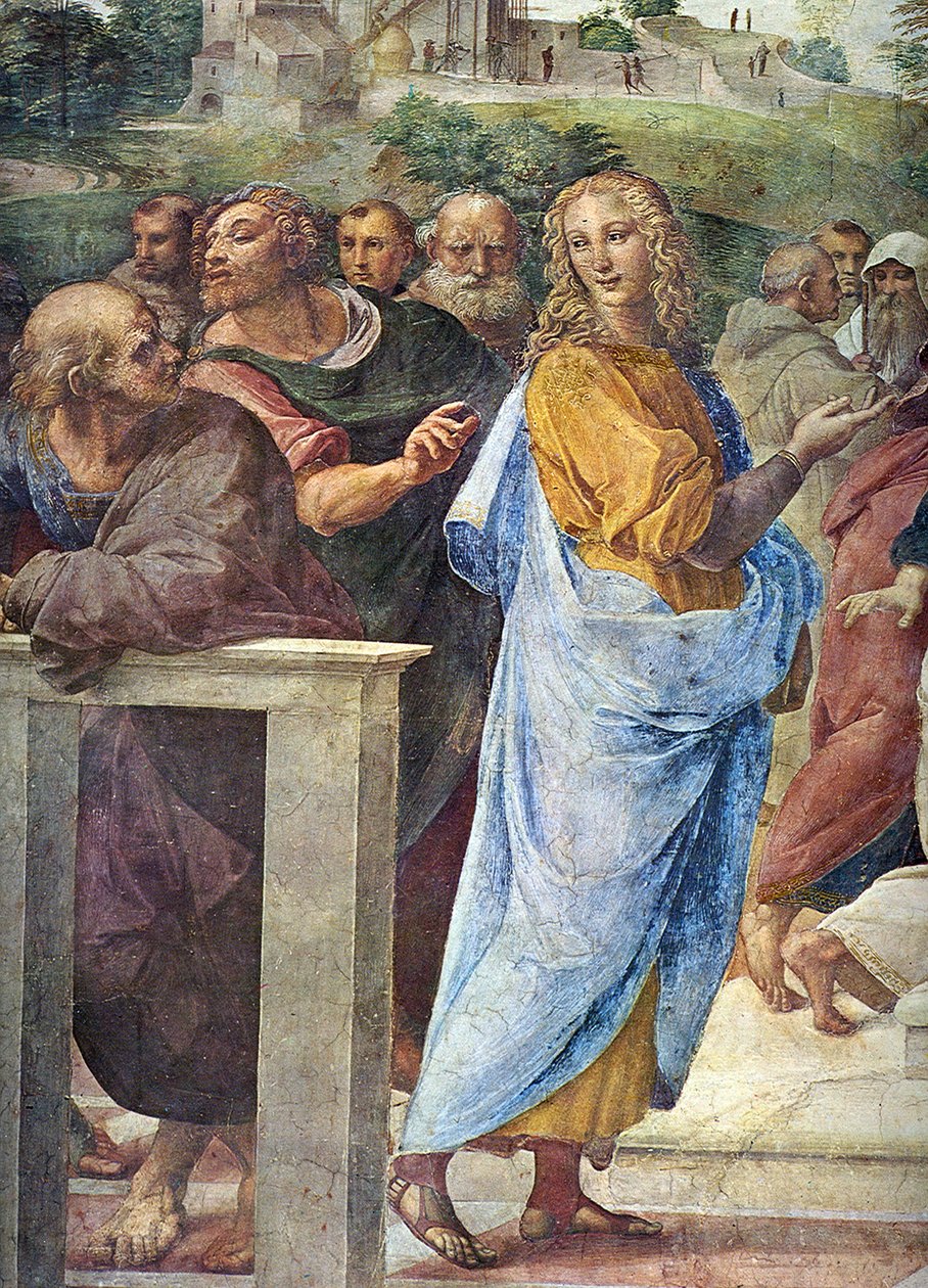 Spór. Detal: Architekt Bramante i Francesco Maria Della Rovere po prawej, 1509 autorstwa Raffaello Sanzio Raphael