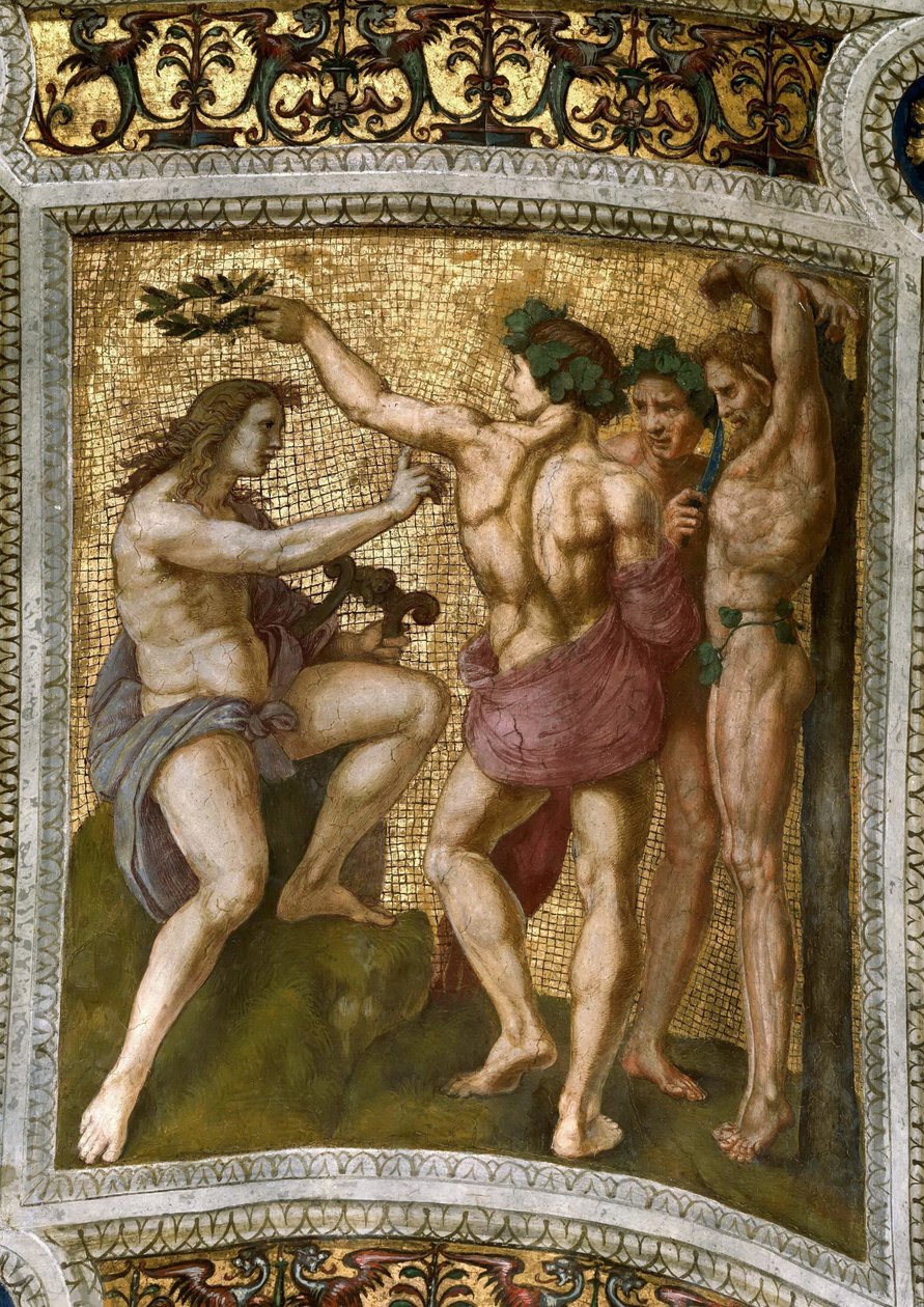 Marsjasz i Apollo. Fresk na suficie w Stanza della Segnatura, ok. 1510-1511. autorstwa Raphael