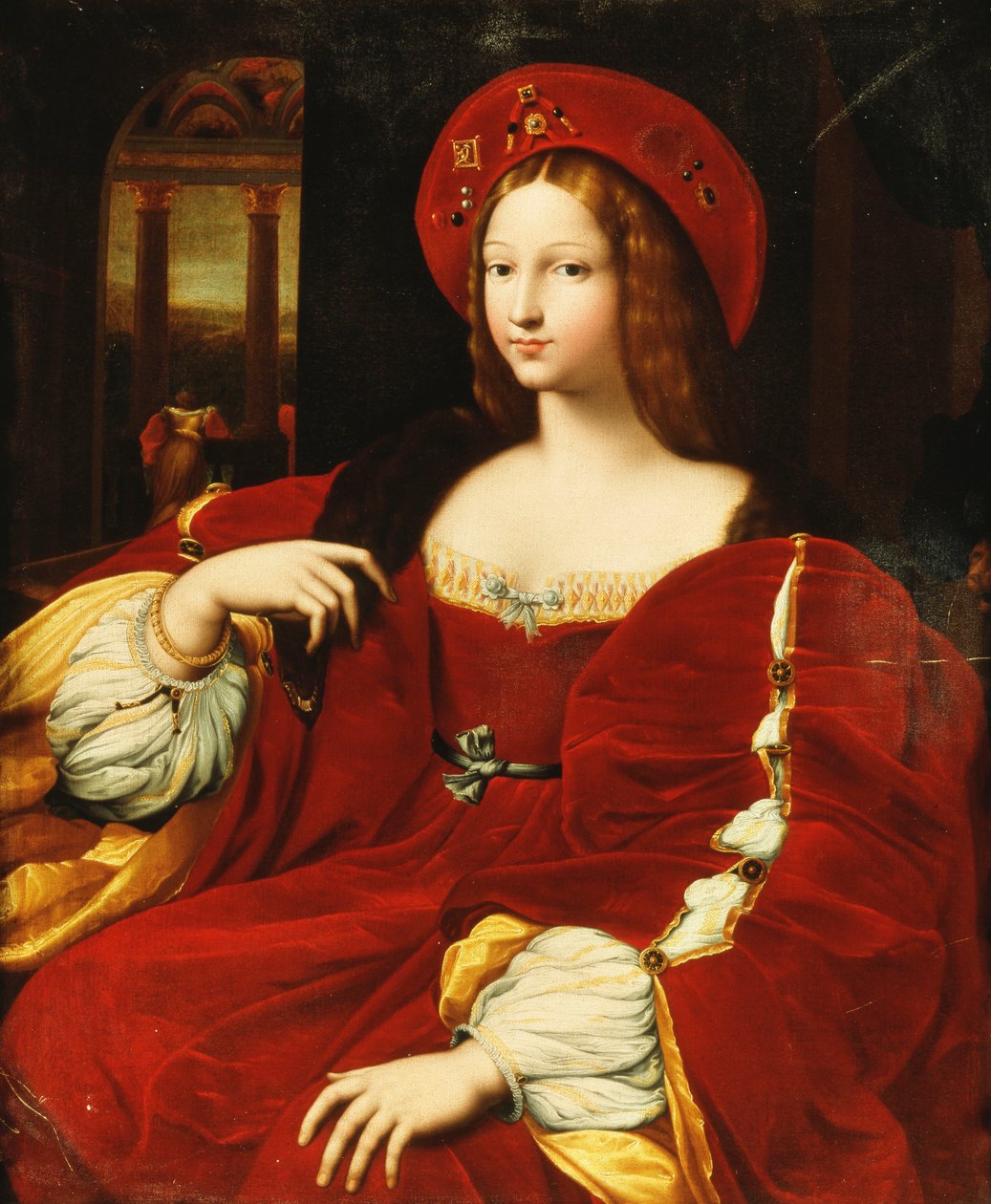 Portret Giovanny Aragońskiej, siedzącej w trzech czwartych długości, w jej komnacie, autorstwa Raphael