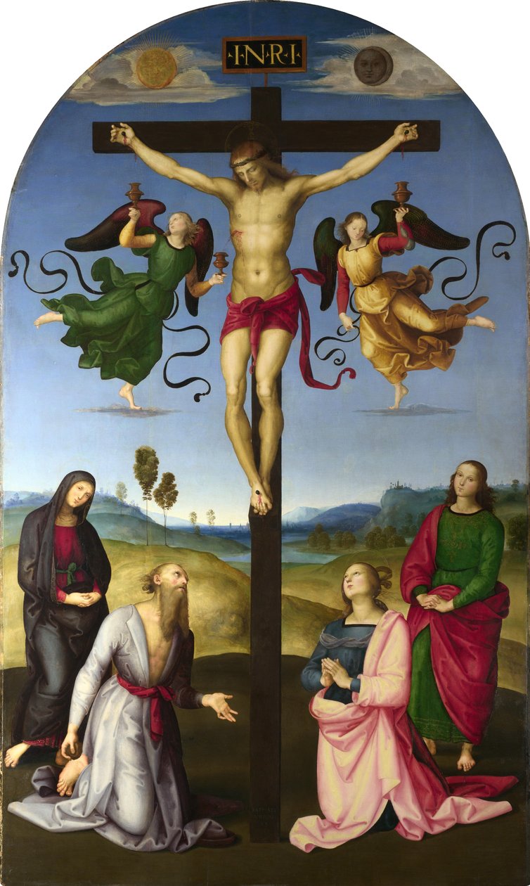 Ukrzyżowany Chrystus z Maryją Panną, świętymi i aniołami autorstwa Raphael