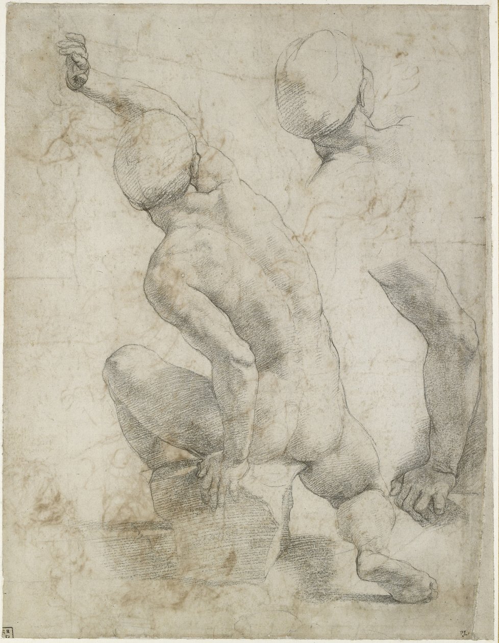 Recto: Nagi mężczyzna siedzący na kamieniu, WA1846.200 (czarna kreda na złamanym białym papierze) autorstwa Raffaello Sanzio Raphael