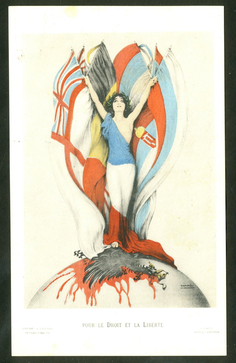 Pocztówka, Kolor satyryczny: O prawo i wolność - Wojna 14-18, Sojusznicy, Flagi - Ilustracja Orzeł autorstwa Kirchnera (1876-1917) autorstwa Raphael Kirchner
