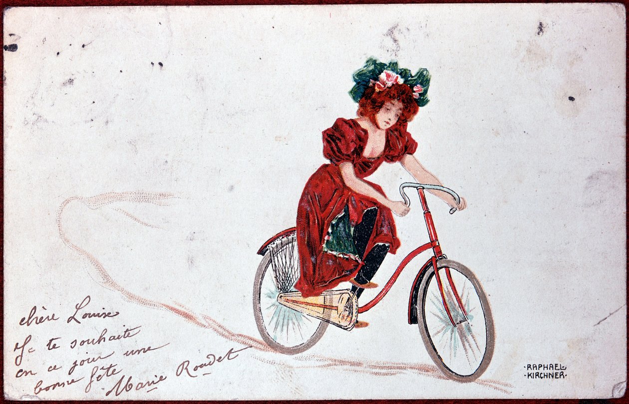 Pocztówka przedstawiająca kobietę na rowerze - ilustracja R. Kirchner, v.1900 autorstwa Raphael Kirchner