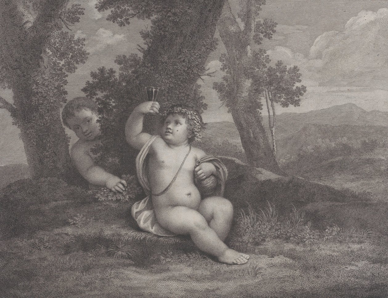 Niemowlę Bachus siedzące pod drzewem, trzymające kieliszek wina, a za nim inne niemowlę..., 1780 autorstwa Raphael Morghen
