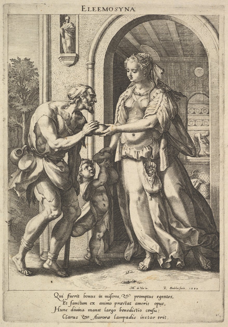 Jałmużna: kobieta w perłowym nakryciu głowy i aureoli podaje chleb dwóm żebrakom, jednemu…, 1589. autorstwa Raphael Sadeler