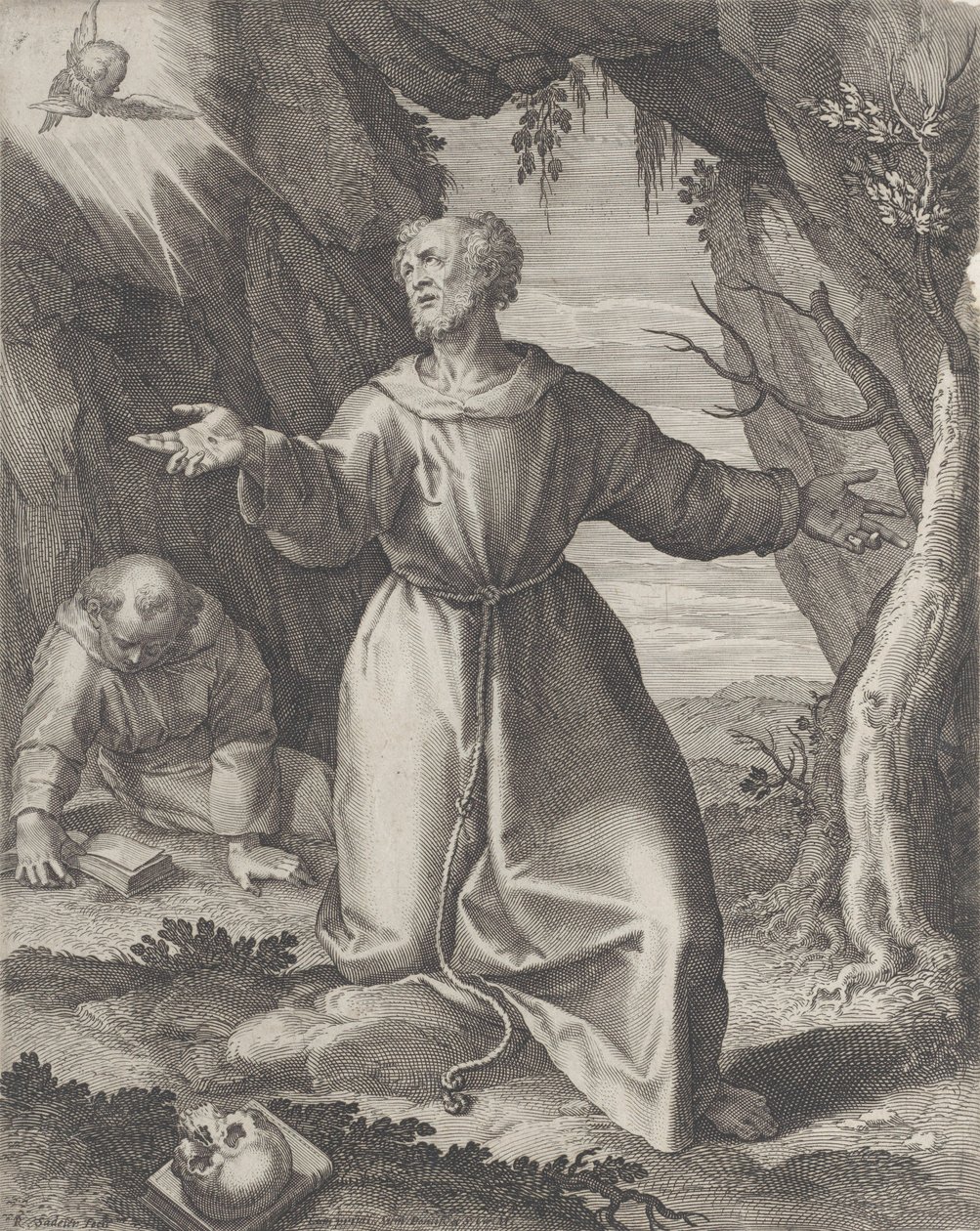 Św. Franciszek klęczący z rozpostartymi ramionami, patrzący w stronę cherubinka w lewym górnym rogu..., 1599. autorstwa Raphael Sadeler