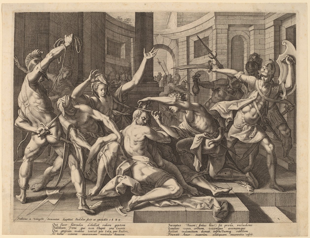 Dalila obcina włosy Samsonowi autorstwa Raphael Sadeler I after Joos van Winghe
