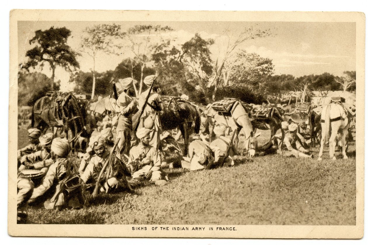 Sikhowie z armii indyjskiej we Francji, 1914-15 (zdjęcie w sepii) autorstwa Raphael Tuck and Sons