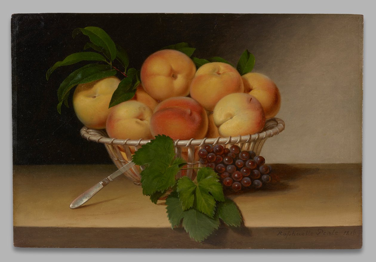 Martwa natura: koszyk brzoskwiń autorstwa Raphaelle Peale