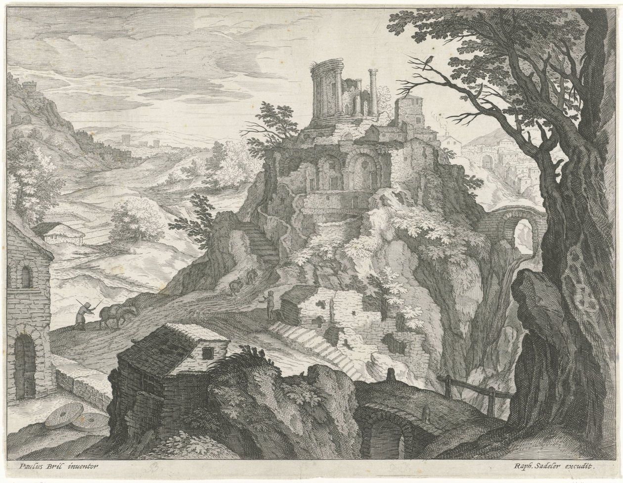 Krajobraz ze świątynią Westy w Tivoli autorstwa Raphaël Sadeler (I) (attributed to)
