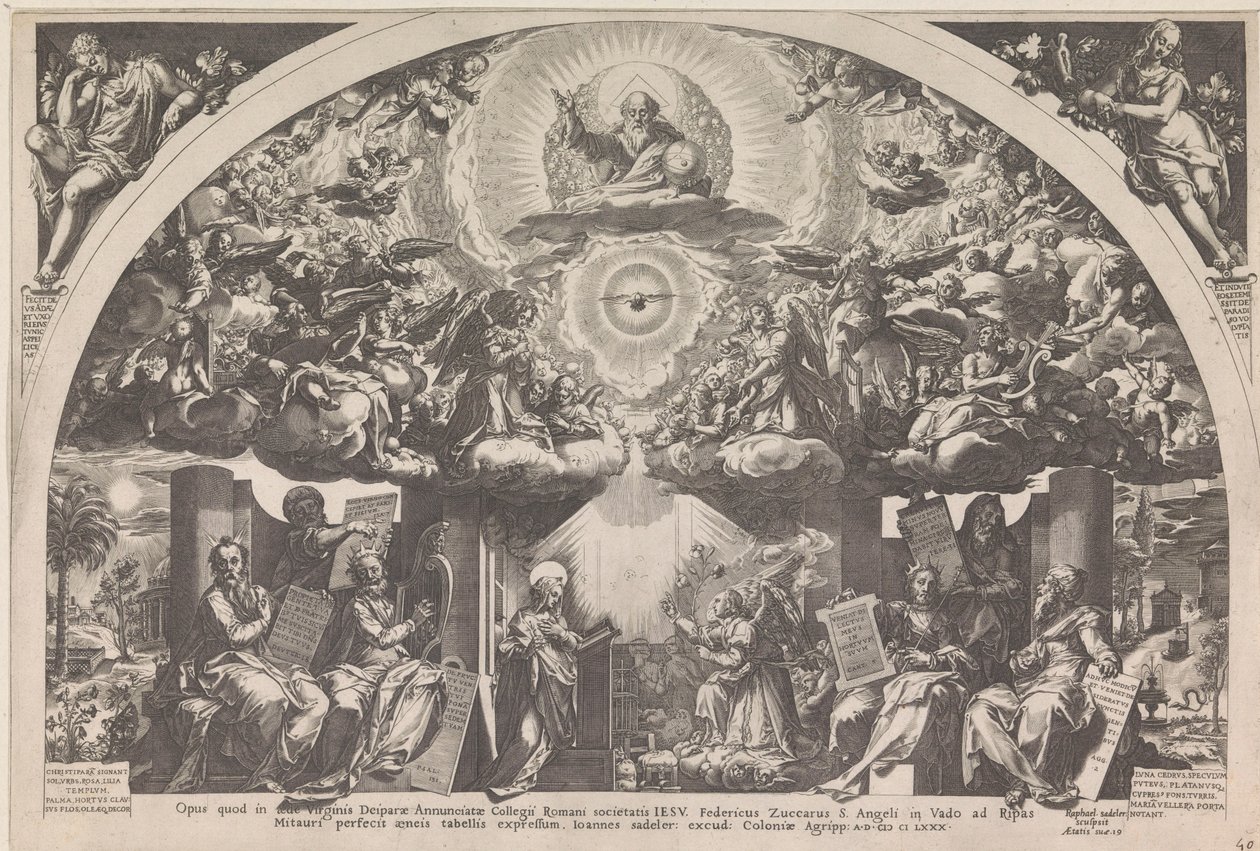 Zwiastowanie z sześcioma prorokami i chórami aniołów autorstwa Raphaël Sadeler (I)