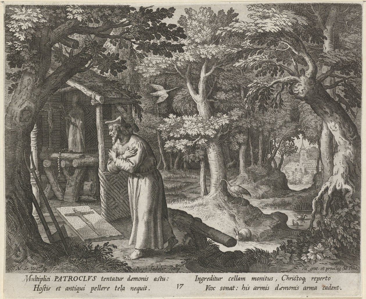 Święty Patroklos z Neris jako pustelnik Cnotliwe życie pustelników (tytuł serii) Trophaeum vitae solitariae (tytuł serii) autorstwa Raphaël Sadeler (I)