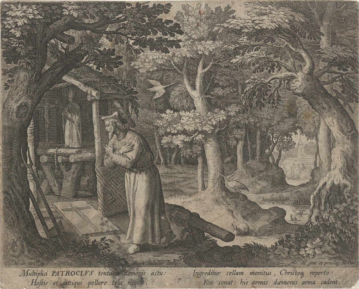Święty Patroklos z Neris jako pustelnik Cnotliwe życie pustelników (tytuł serii) Trophaeum vitae solitariae (tytuł serii) autorstwa Raphaël Sadeler (I)