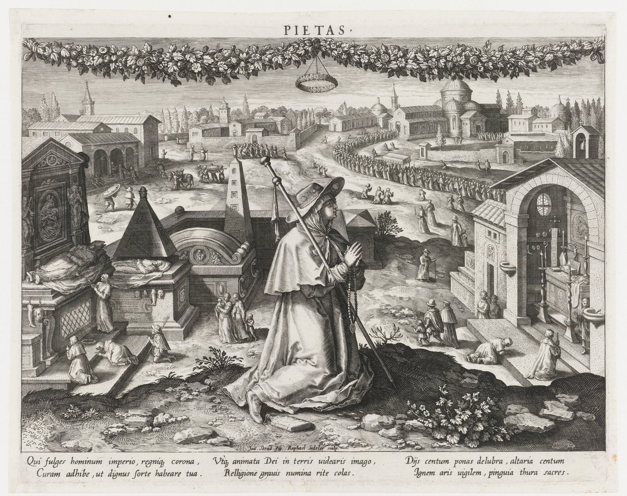 Pietas jako uosobienie pobożności Piety (tytuł na obiekcie) Główne działania księcia (tytuł serii) Schemat, seu speculum principum (tytuł serii) autorstwa Raphaël Sadeler (I)