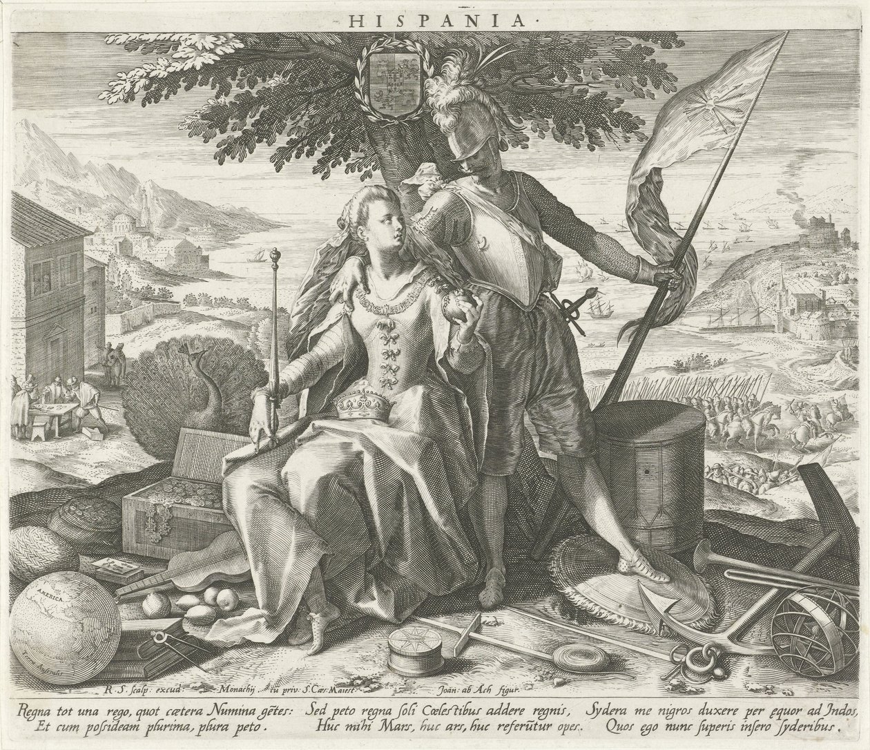 Hiszpania z Juno i Mars Hispania (tytuł na obiekcie) Alegoryczne przedstawienia krajów europejskich (tytuł serii) autorstwa Raphaël Sadeler (I)