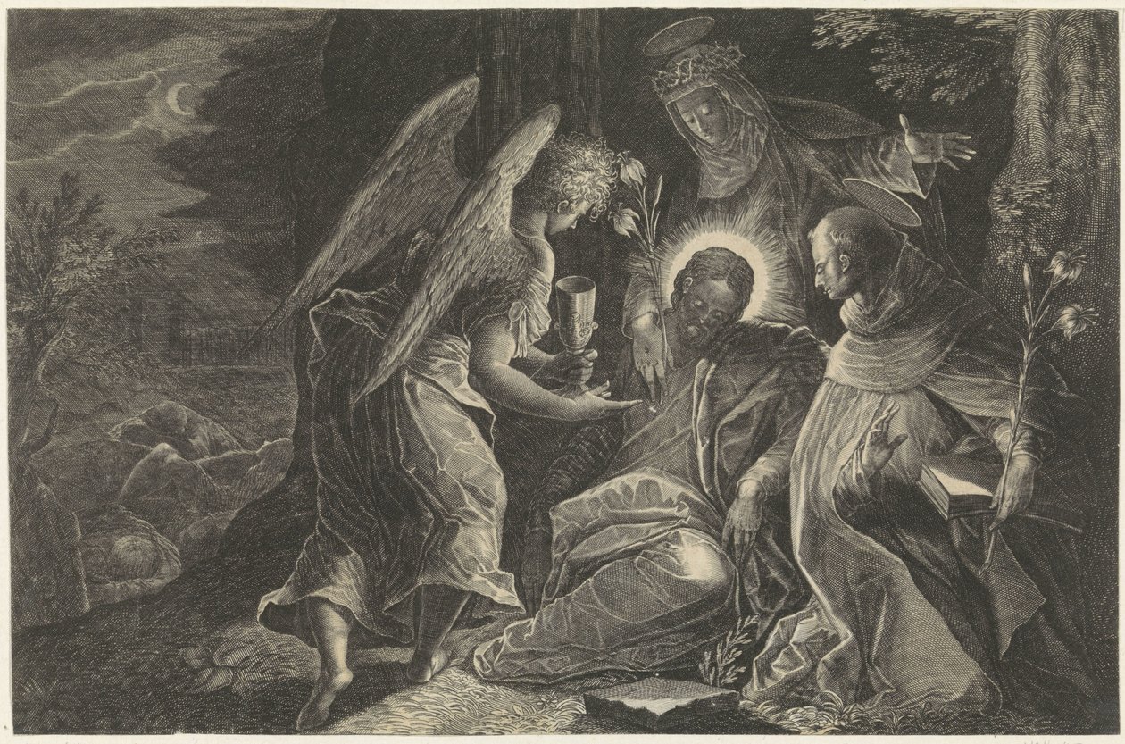 Chrystus jest pocieszany w Getsemani przez anioła, św. Dominika i św. Katarzynę ze Sieny Lustro posłuszeństwa Perfectissimvm Obedientiae Specvlvm (tytuł na obiekcie) Zwierciadła posłuszeństwa, czystości i ubóstwa (tytuł serii) autorstwa Raphaël Sadeler (II)