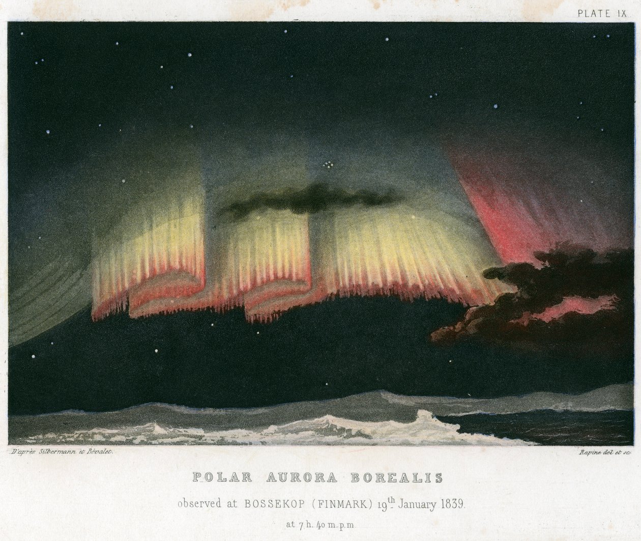 Aurora Borealis lub Northern Lights, forma kurtyny 1839. [1872] autorstwa Rapine