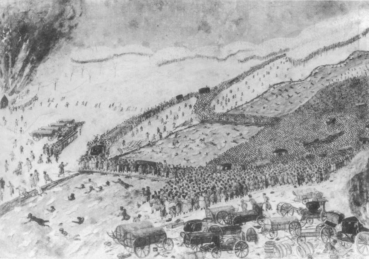 Przejście Berezyny, 26 listopada 1812. Artysta jeszcze się nie urodził. Zobacz, w tej pracy: Plan porucznika Świdy. Na końcu dwóch mostów Grande Armee przekroczył bagna na grobli. Wojska są w pełni reprezentowane autorstwa Raymond Fournier Sarloveze