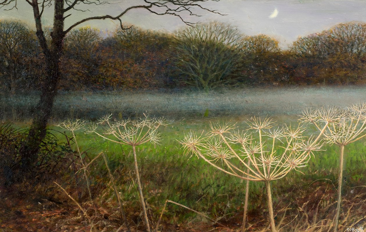 Grudzień o zmierzchu: mgła nad polami (olej na płycie) autorstwa Raymond Booth