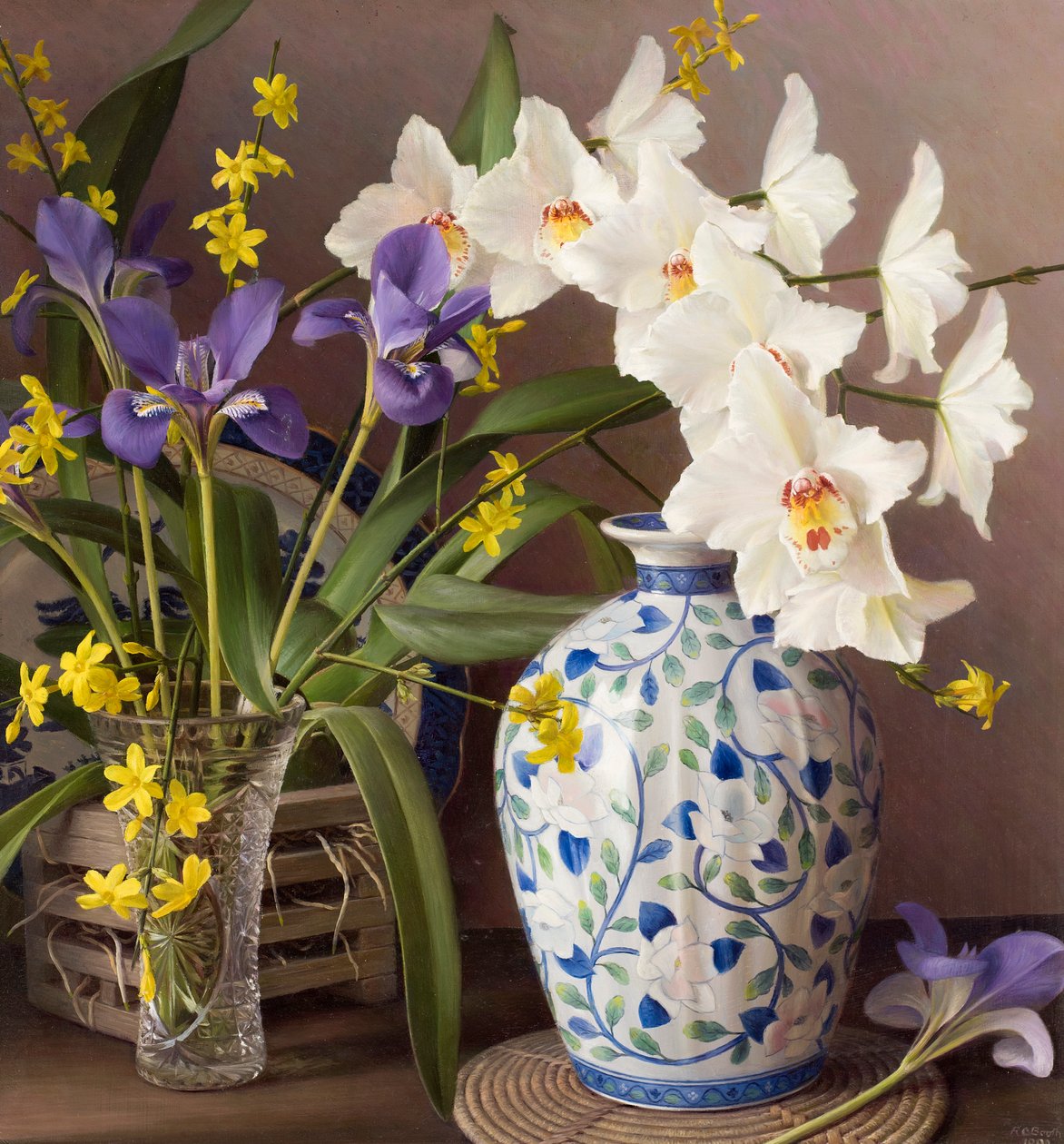 Orchidea z japońskim wazonem (olej na płycie) autorstwa Raymond Booth