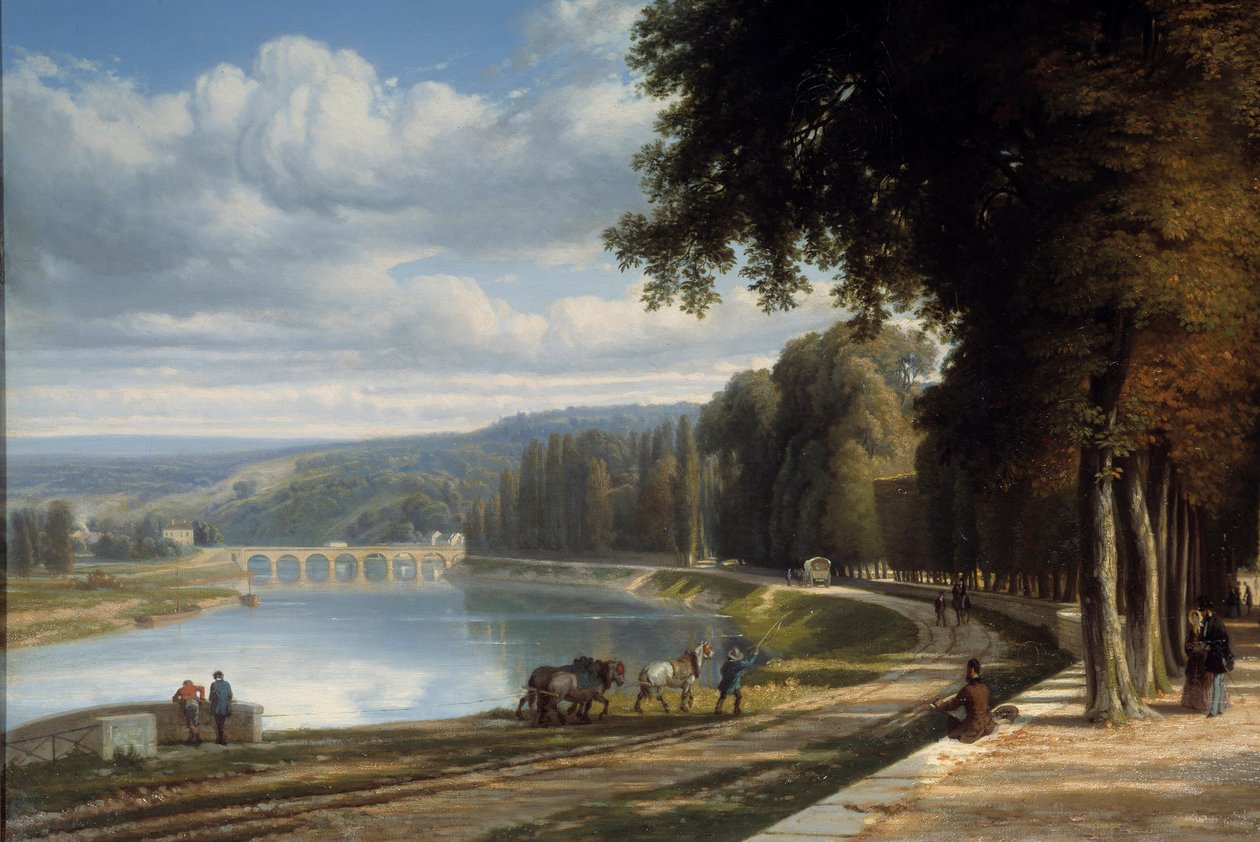 Spacer do Parc de Saint Cloud Detail nad brzegiem Sekwany, konie na ścieżce holowniczej. Obraz Raymonda Esbrata (1809-1856) 1850 Roanne. Muzeum Józefa Dechelette autorstwa Raymond Esbrat