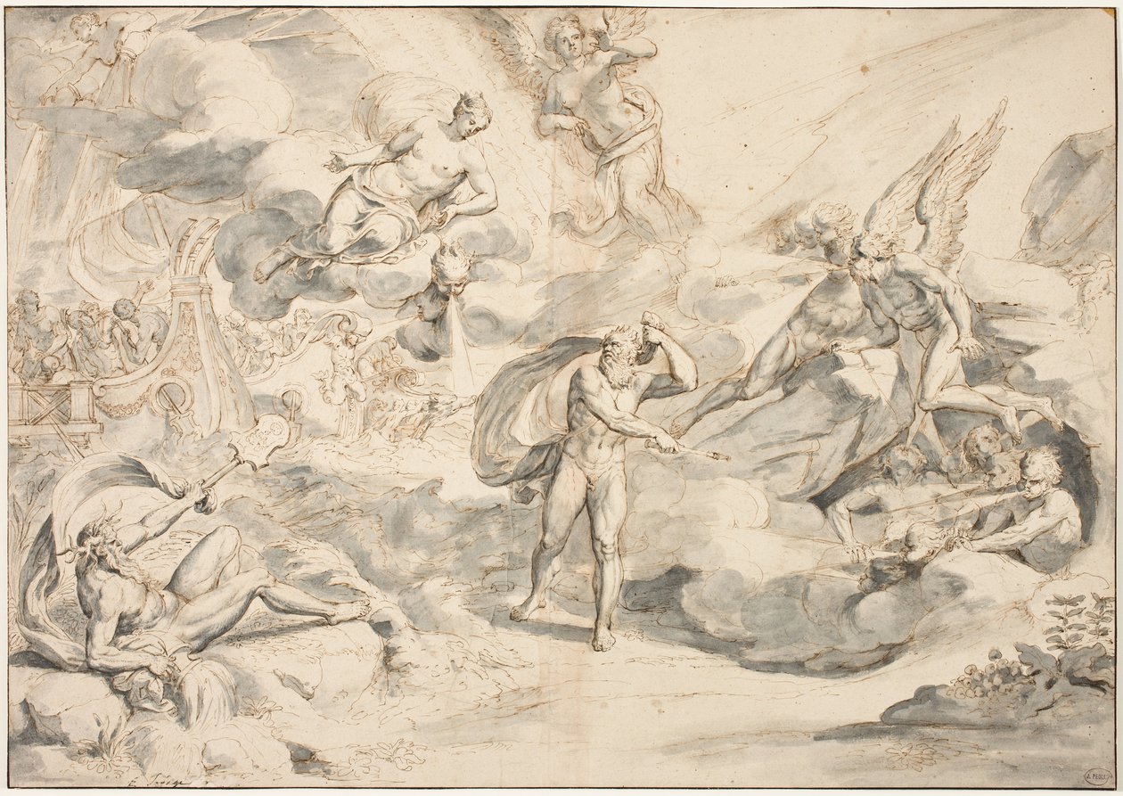 Aeolus posłuszny komendzie Junosa, aby stworzyć burzę, c.1683-84 (pióro i atrament z praniem na papierze) autorstwa Raymond Lafage