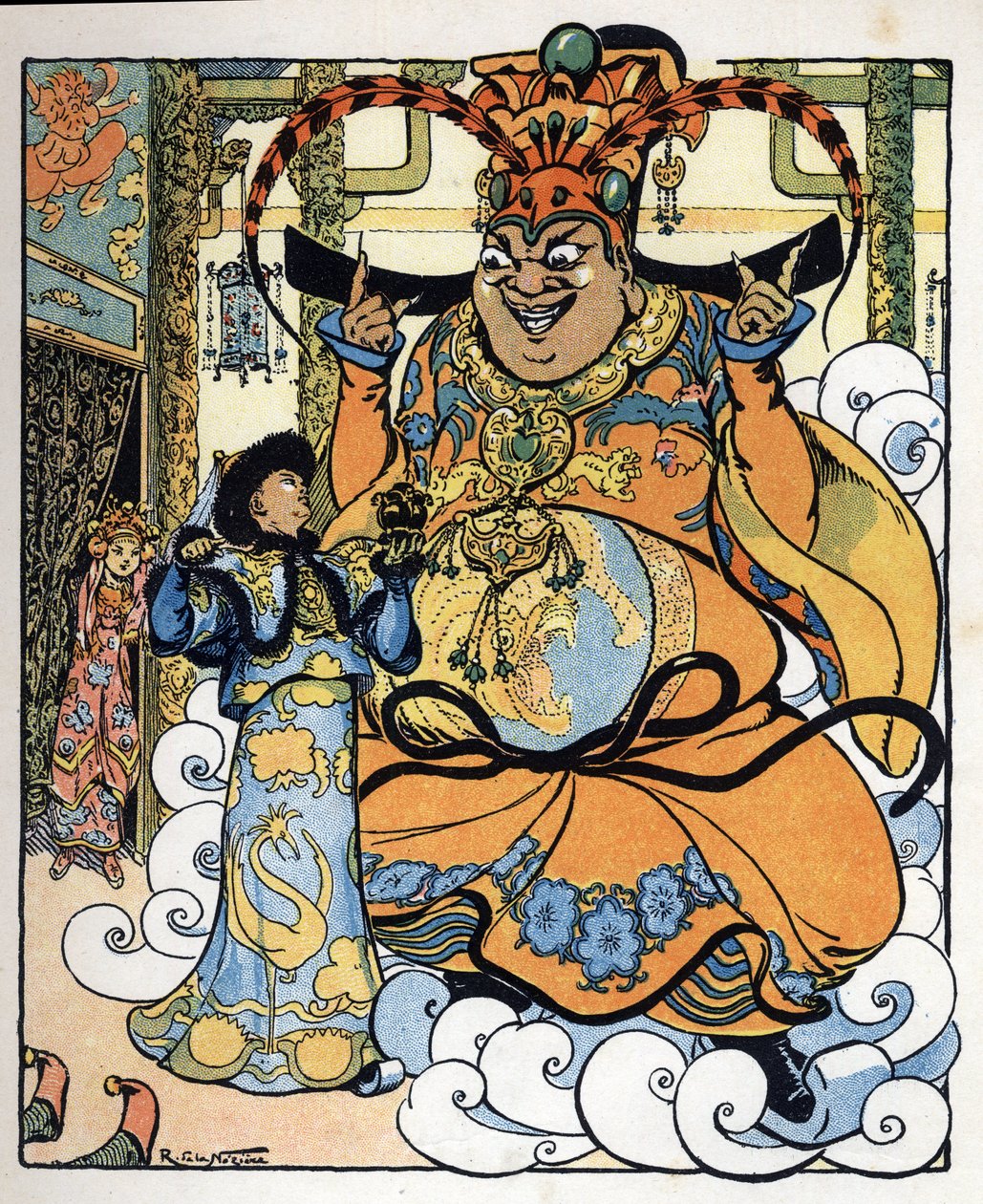 Aladyn, księżniczka Badroulboudour i dżin przed ciałem afrykańskiego maga: ilustracja do baśni "Aladyn albo cudowna lampa" z "Arabskich nocy autorstwa Raymond de la Neziere