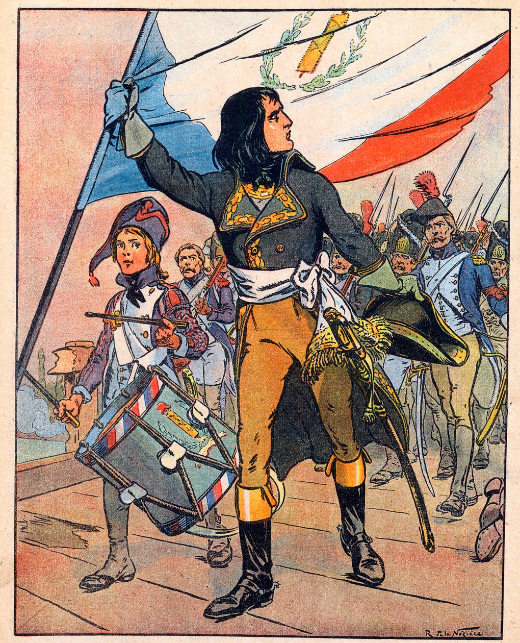 Pierwsza kampania włoska: Napoleon Bonaparte (1769-1821) w bitwie przy moście Arcole, listopad 1796 r." zaczerpnięte z "Nos-Gloires-Nationales" ok. 1920 r. (rycina). autorstwa Raymond de la Neziere