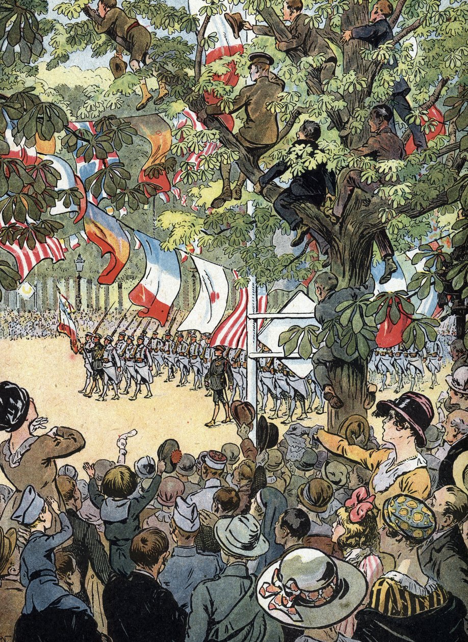 Pierwsza wojna światowa: defilada zwycięstwa na Avenue des Champs-Elysees w Paryżu 14/07/1919: Żołnierze francuskiej marynarki wojennej podziwiani przez tłum paryżan - (I wojna światowa: defilada zwycięstwa na al. Champs Elysees autorstwa Raymond de la Neziere