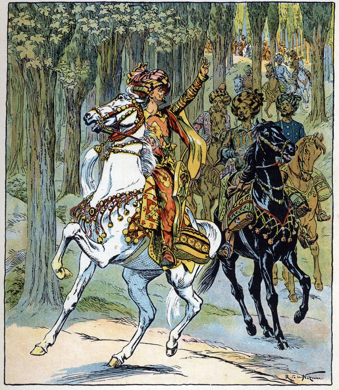Złodzieje na koniach: ilustracja do baśni "Aladyn albo cudowna lampa" z "Arabskich nocy autorstwa Raymond de la Neziere
