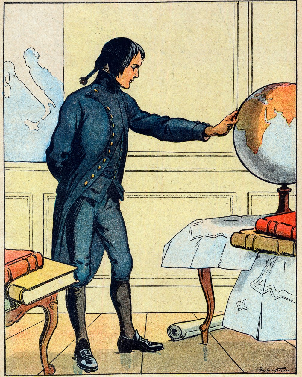 Napoleon Bonaparte (1769-1821), konsultuje się z globusem w szkole w Brienne w wieku 19 lat, zaczerpnięte z "Nos-Gloires Nationales" ok. 1920 r. (rycina) autorstwa Raymond de la Neziere