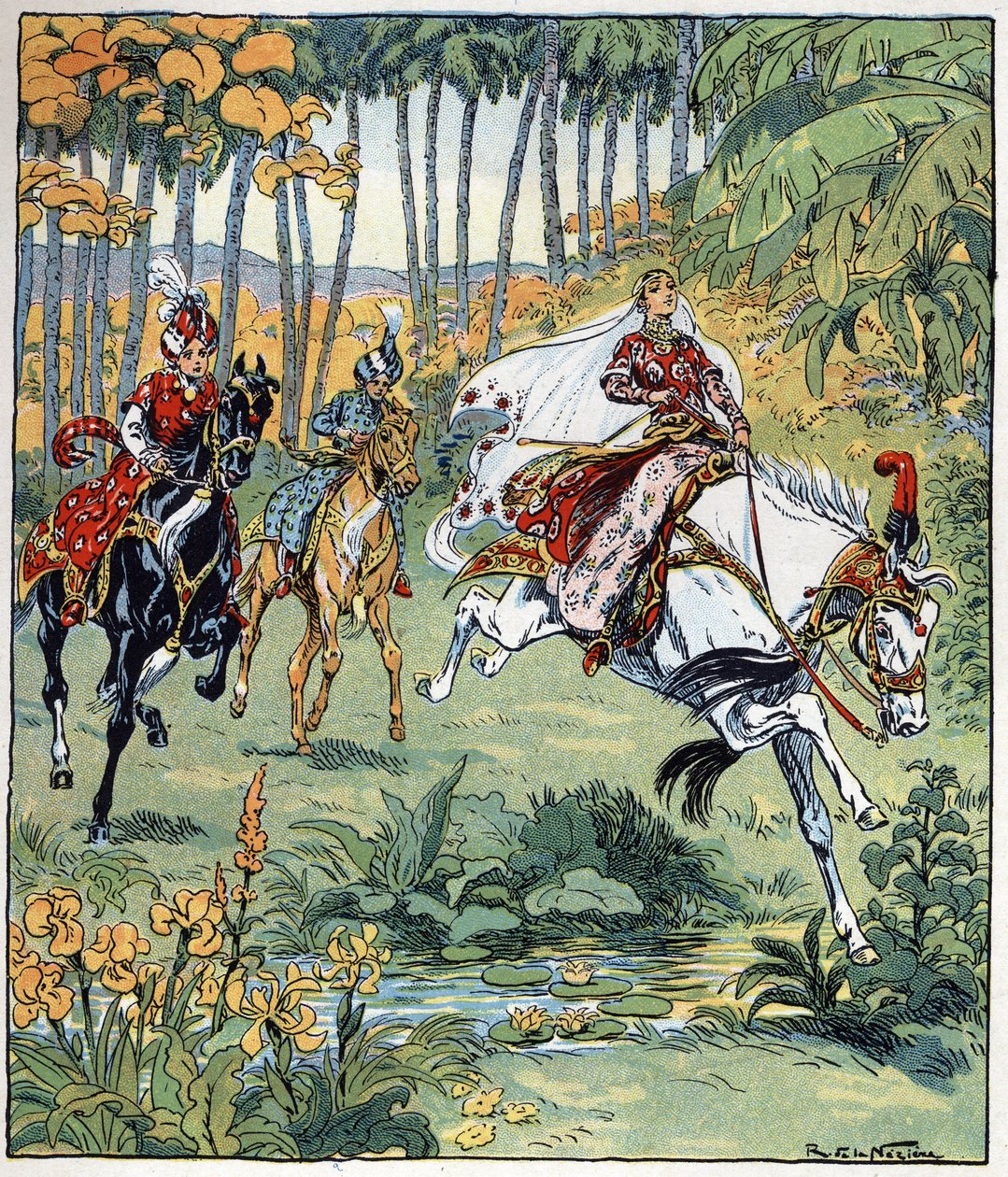 Parizade wyprzedza swoich braci Bahmana i Pervisa w wyścigu konnym. Ilustracja Raymonda de La Neziere (1865-1953) do opowiadania "Histoire des deux sœurs jealous de leur cadette" w "Les mille et une nuits" (les 1001 nuits ou Le mille e una notte, A autorstwa Raymond de la Neziere